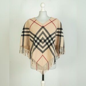 Burberry London Lamba Wool Nova Check Scarf Poncho Plaid Tan Black Red Fringe